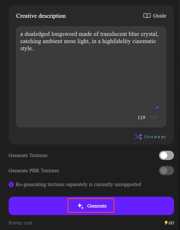 Neural4D generating a volumetric preview of a blue crystal sword from text