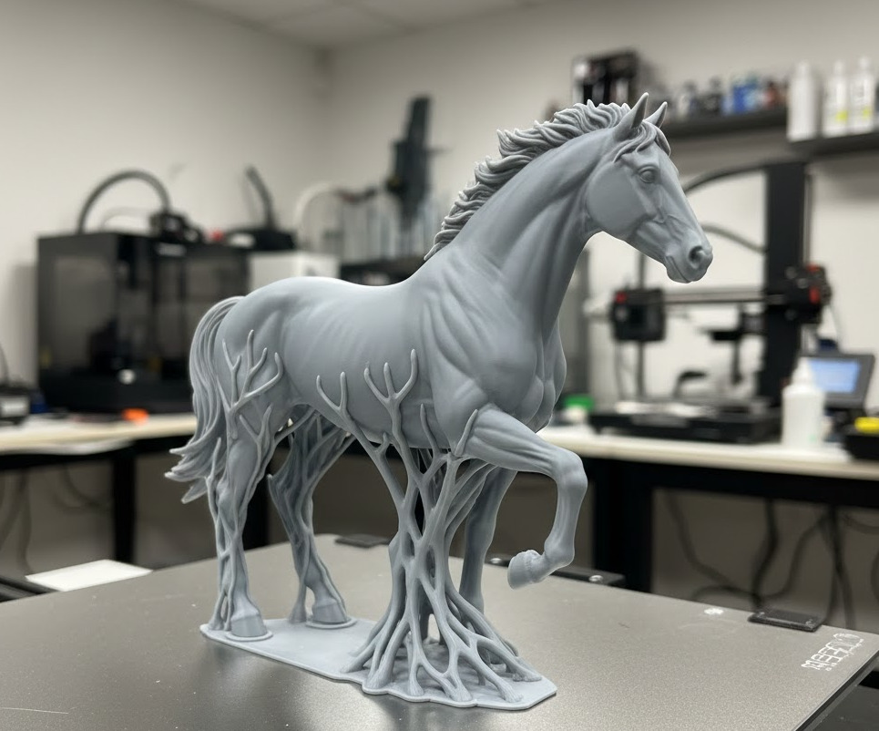 Resin 3D printed horse using tree supports to prevent leg breakage
