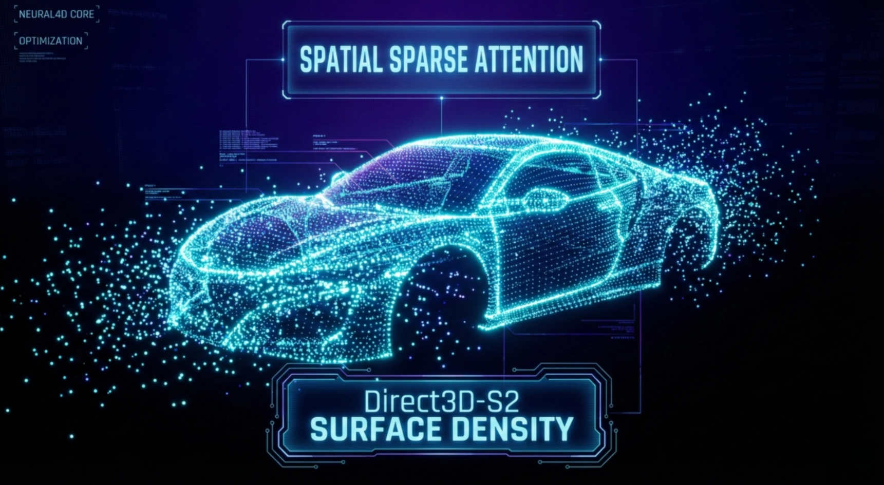 Diagram showing Neural4D Direct3D-S2 sparse volume density on a car surface