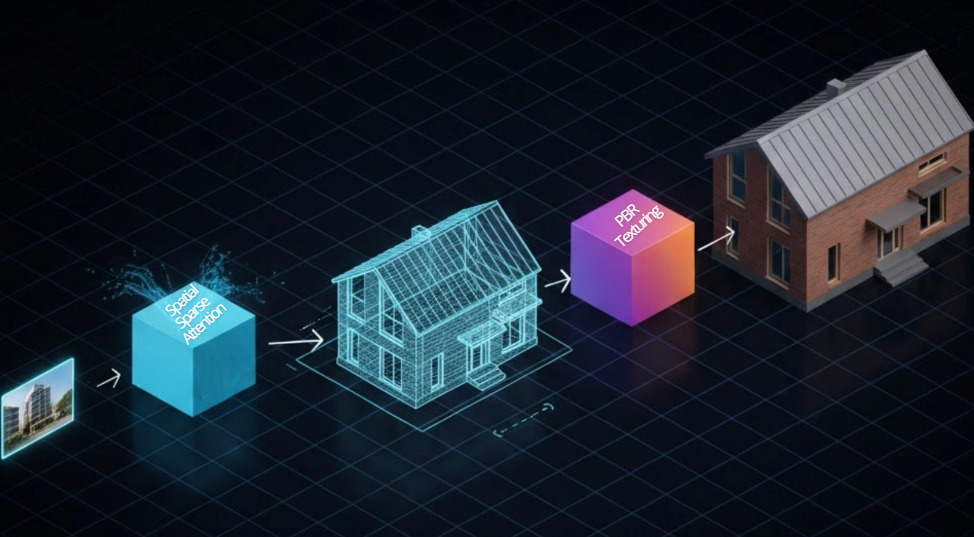 Image to 3D architectural workflow showing quad-dominant topology