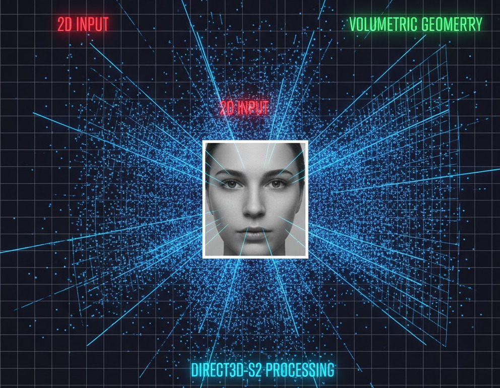Direct3D-S2 volumetric generation and Sparse Spatial Attention diagram