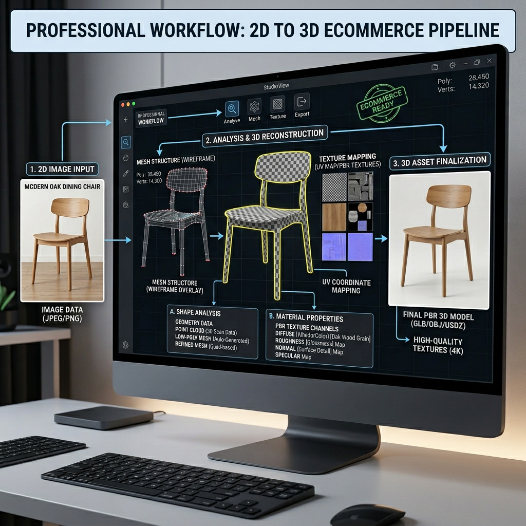 Furniture image to 3D model workflow for interpreting shape and materials