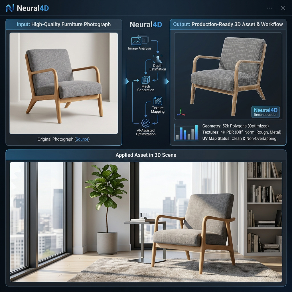 Neural4D workflow for converting furniture image to 3D model assets