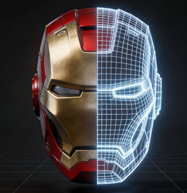 Technical breakdown of a watertight Iron Man helmet 3D model showing clean quad-dominant topology