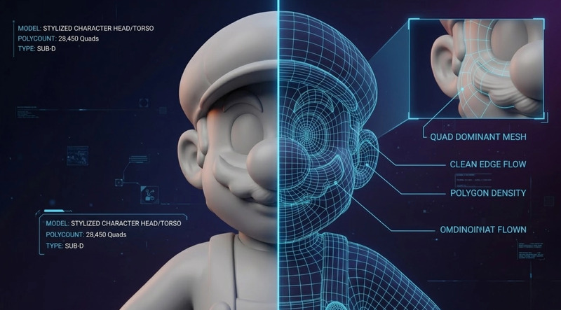 Clean quad-dominant topology of a custom Super Mario 3D model