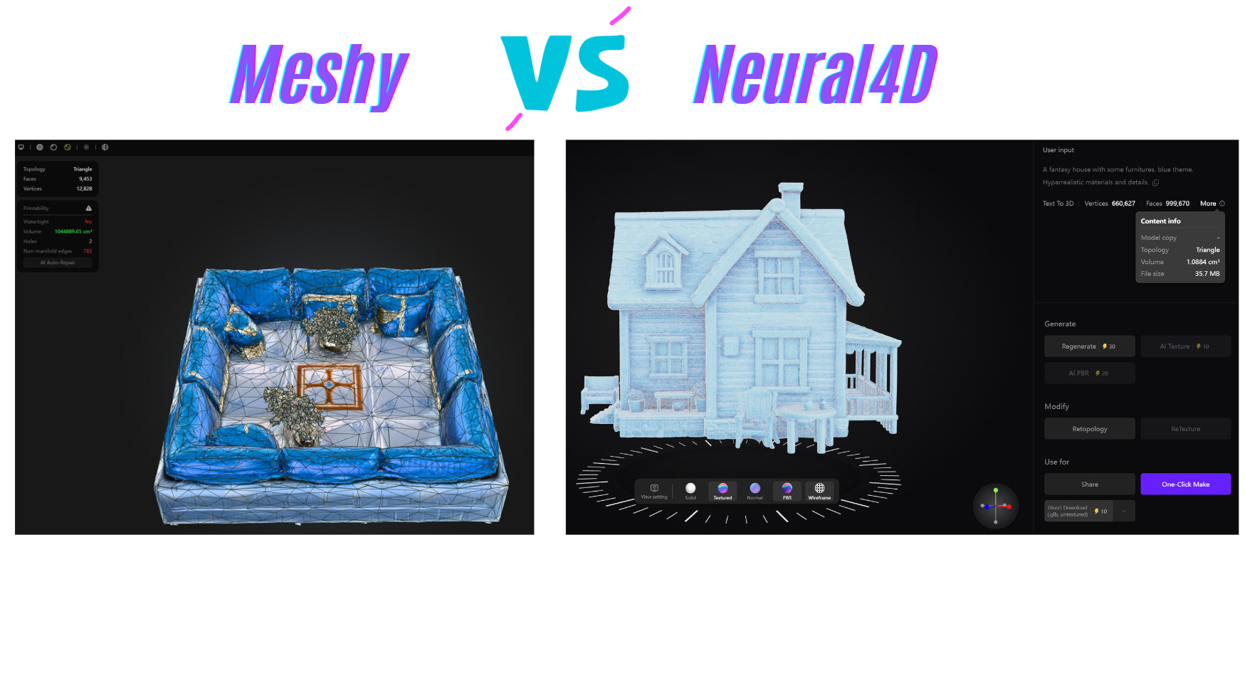 Comparison of Meshy vs Neural4D 3D model generation Fantasy house