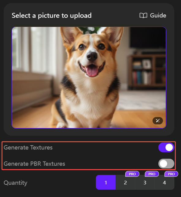 Configuring PBR texture and generation preferences for Image to GLB conversion