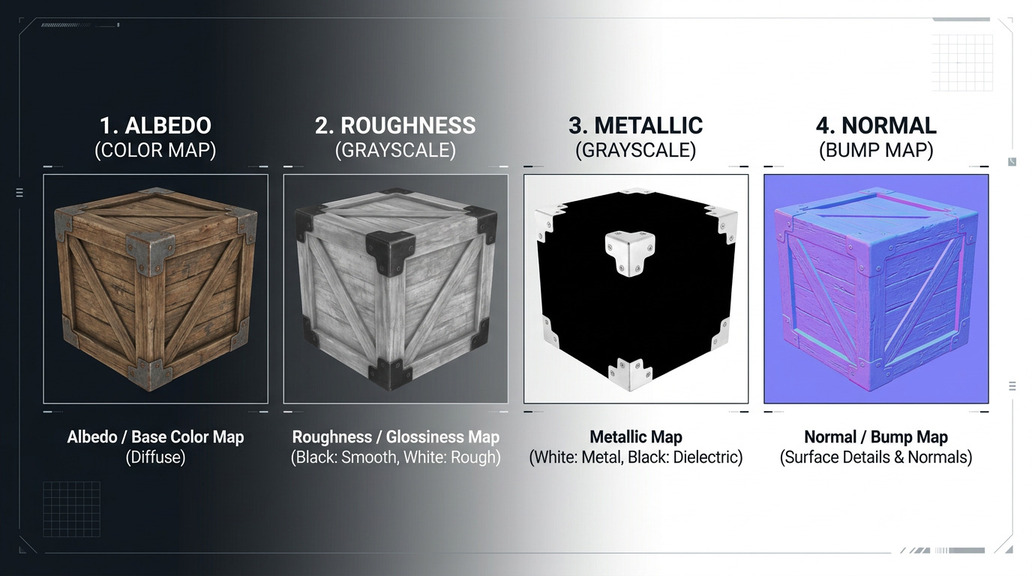 AI 3D model texture generator showing PBR map set including albedo, roughness, metallic, and normal channels