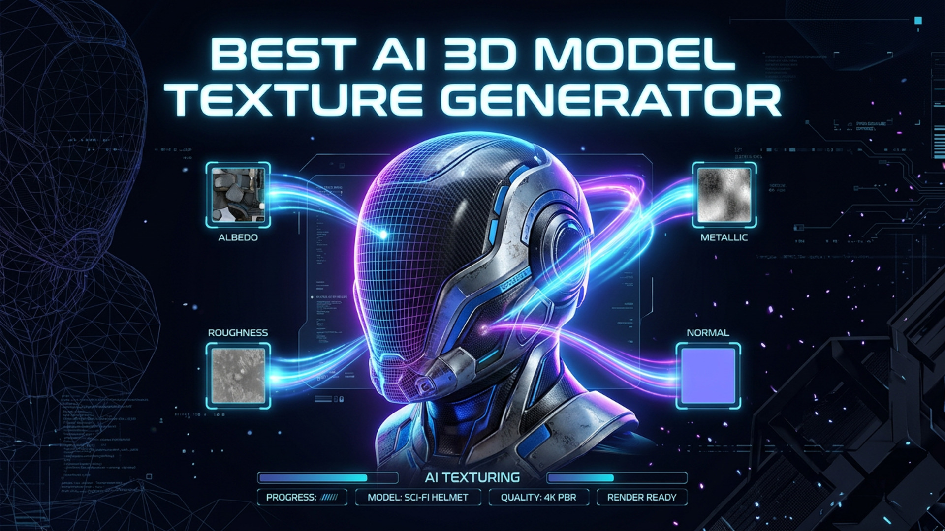 AI 3D model texture generator hero image showing a 3D model surrounded by holographic PBR texture maps and workflow panels