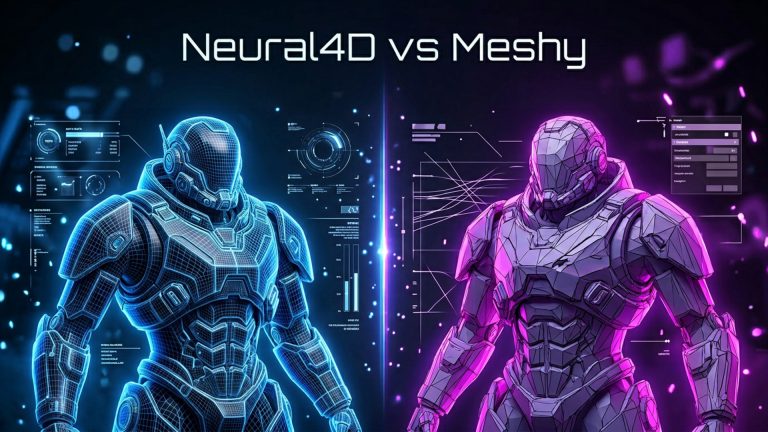 Neural4D vs Meshy comparison hero image showing AI-generated 3D model workflow, clean topology, and production-ready asset quality