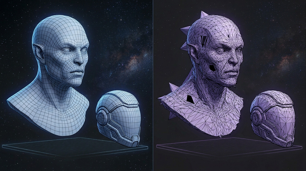 Side-by-side wireframe comparison of Neural4D watertight topology versus standard AI-generated mesh artifacts