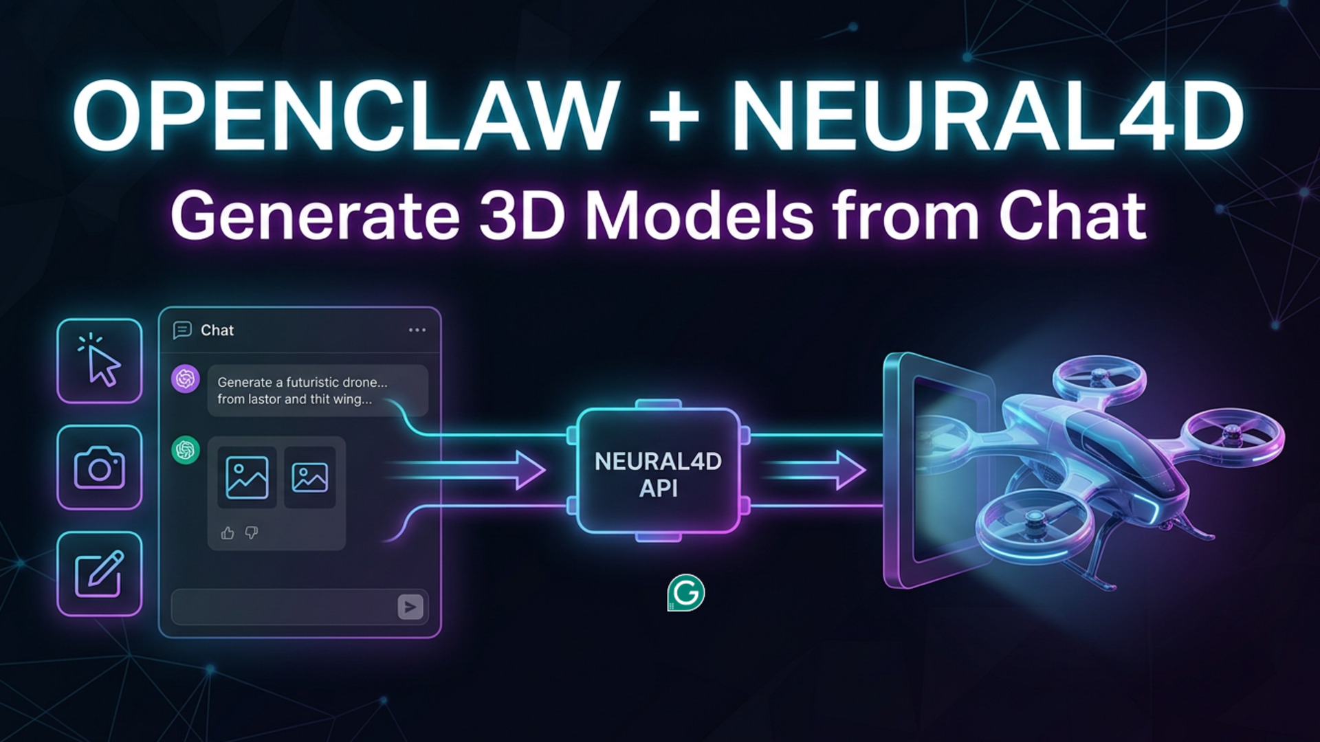 OpenClaw and Neural4D workflow illustration showing chat-based 3D model generation from text, images, and sketches