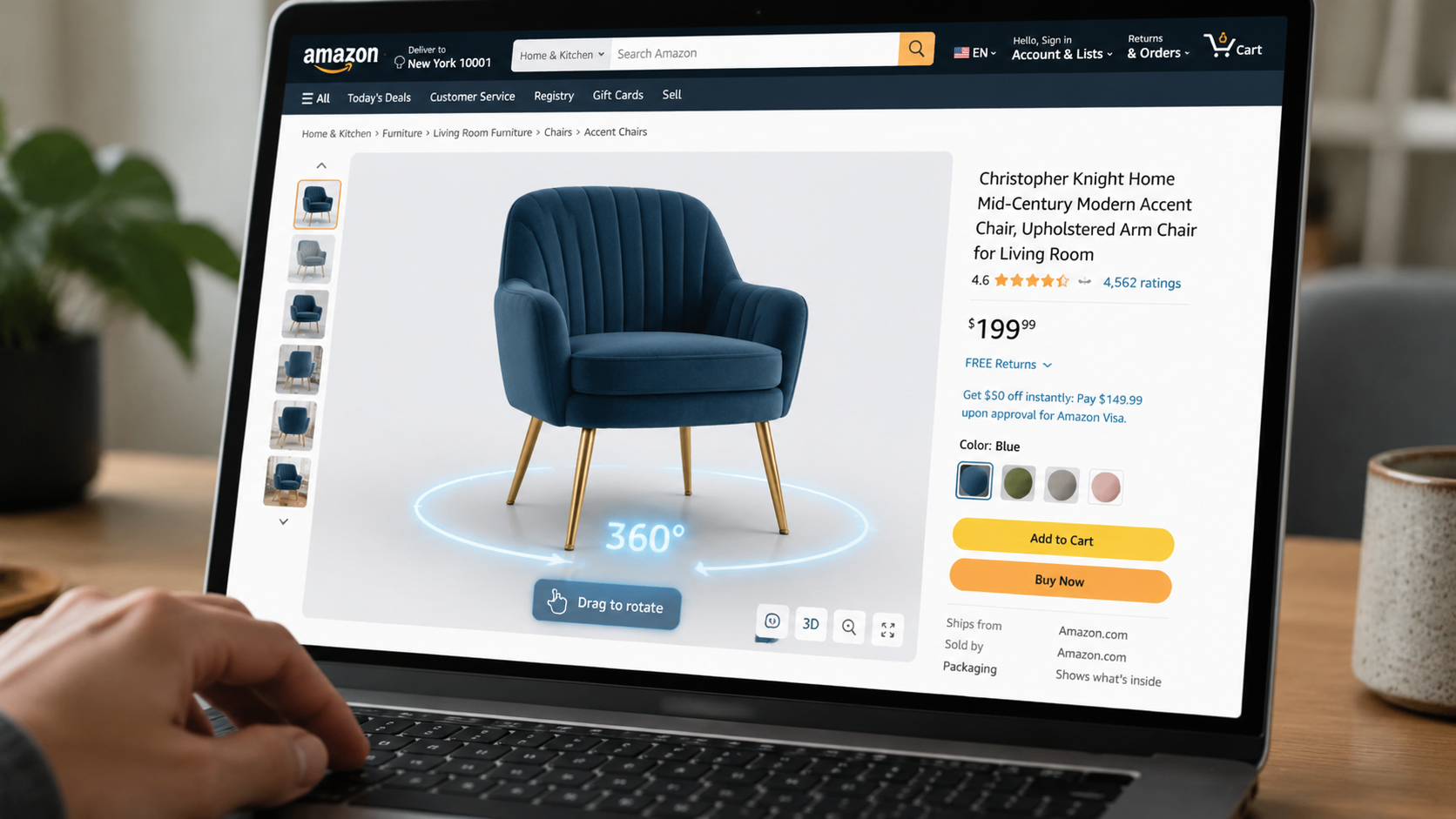 Amazon product listing page showing the 3D product viewer with a furniture item being rotated by a shopper