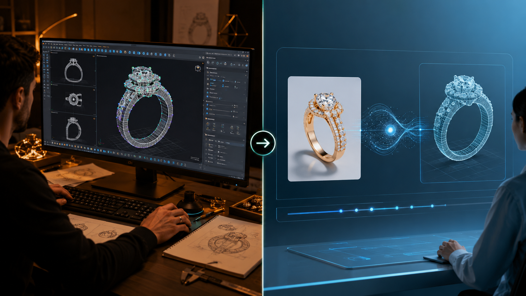 Side-by-side comparison of traditional CAD jewelry modeling interface and AI-powered jewelry generation workflow showing the speed difference