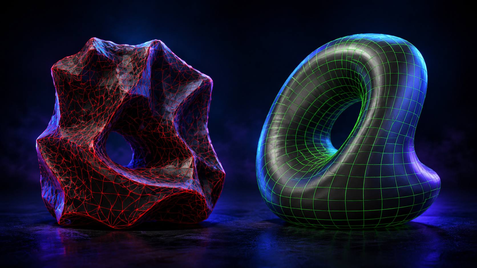Comparison of raw AI triangle soup mesh wireframe versus clean watertight Neural4D mesh topology in Blender viewport