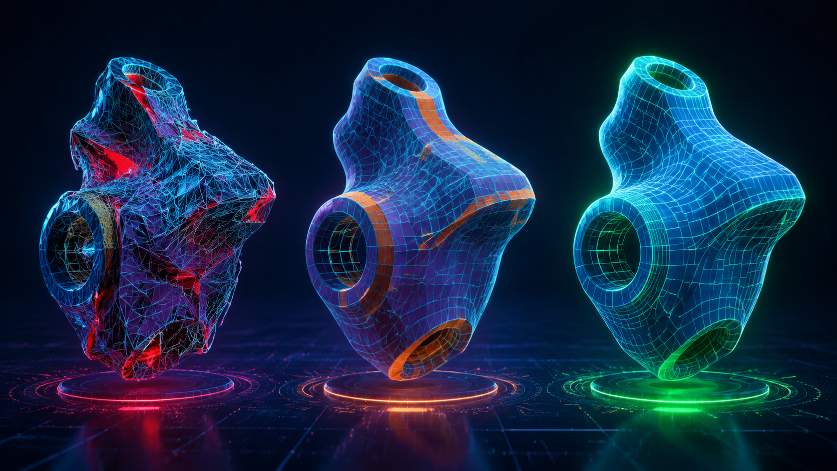 Abstract 3D mesh geometry showing the transformation from chaotic unorganized triangles to clean structured topology after Blender cleanup workflow