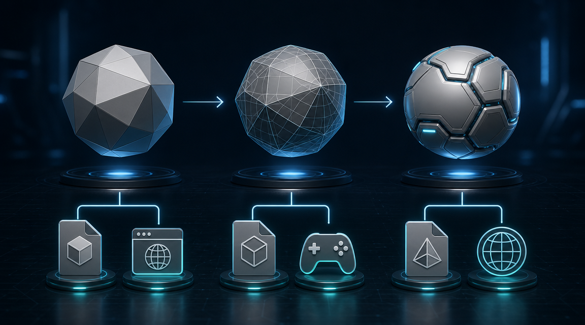 3D model export workflow diagram showing clean mesh going through Blender export settings to GLB, FBX, and OBJ format outputs