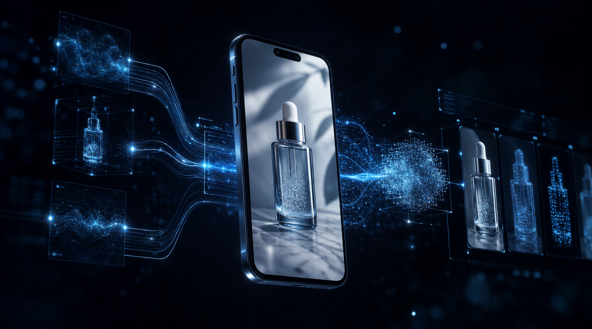 Smartphone displaying AI-generated product video in Instagram Reels format, a dark futuristic visualization of neural AI video generation pipeline for social commerce