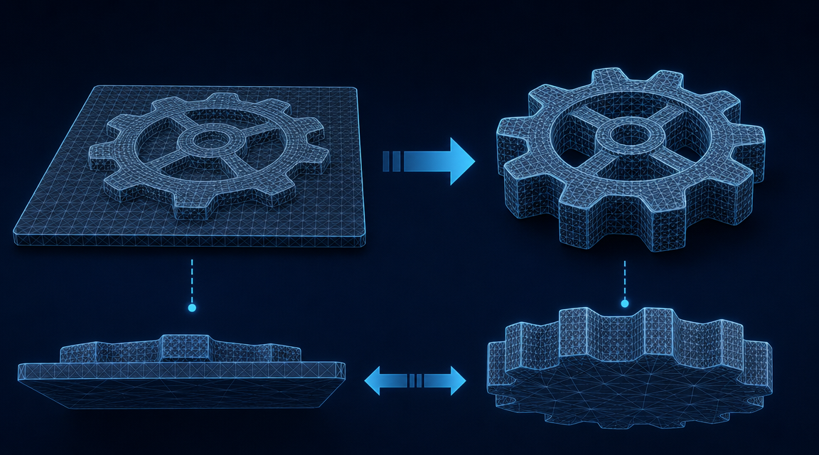 Side-by-side comparison of 2.5D heightmap STL output vs Neural4D true volumetric watertight mesh from the same input image