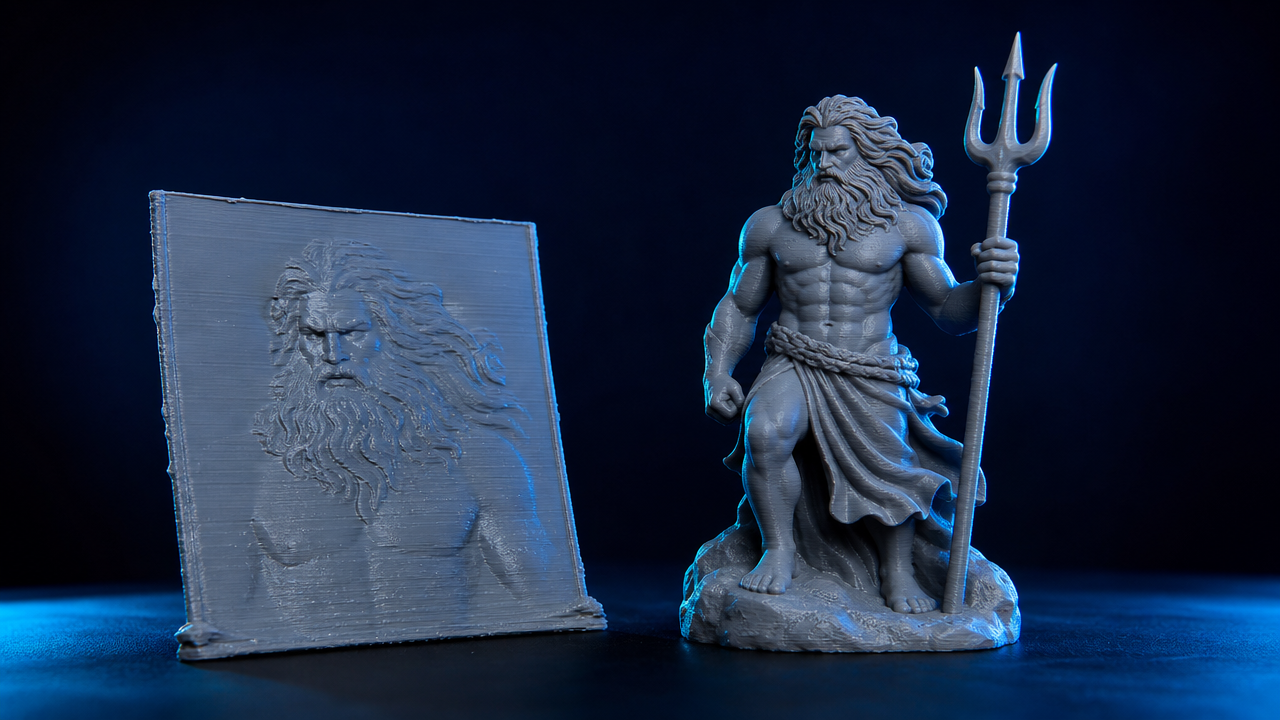 Side-by-side 3D printing result: flat 2.5D relief slab on the left vs fully formed watertight 3D figurine on the right