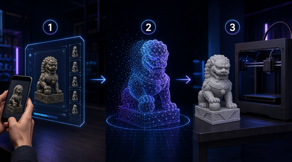 Three-step Neural4D Image to 3D workflow: upload photo, configure output, download watertight STL for 3D printing