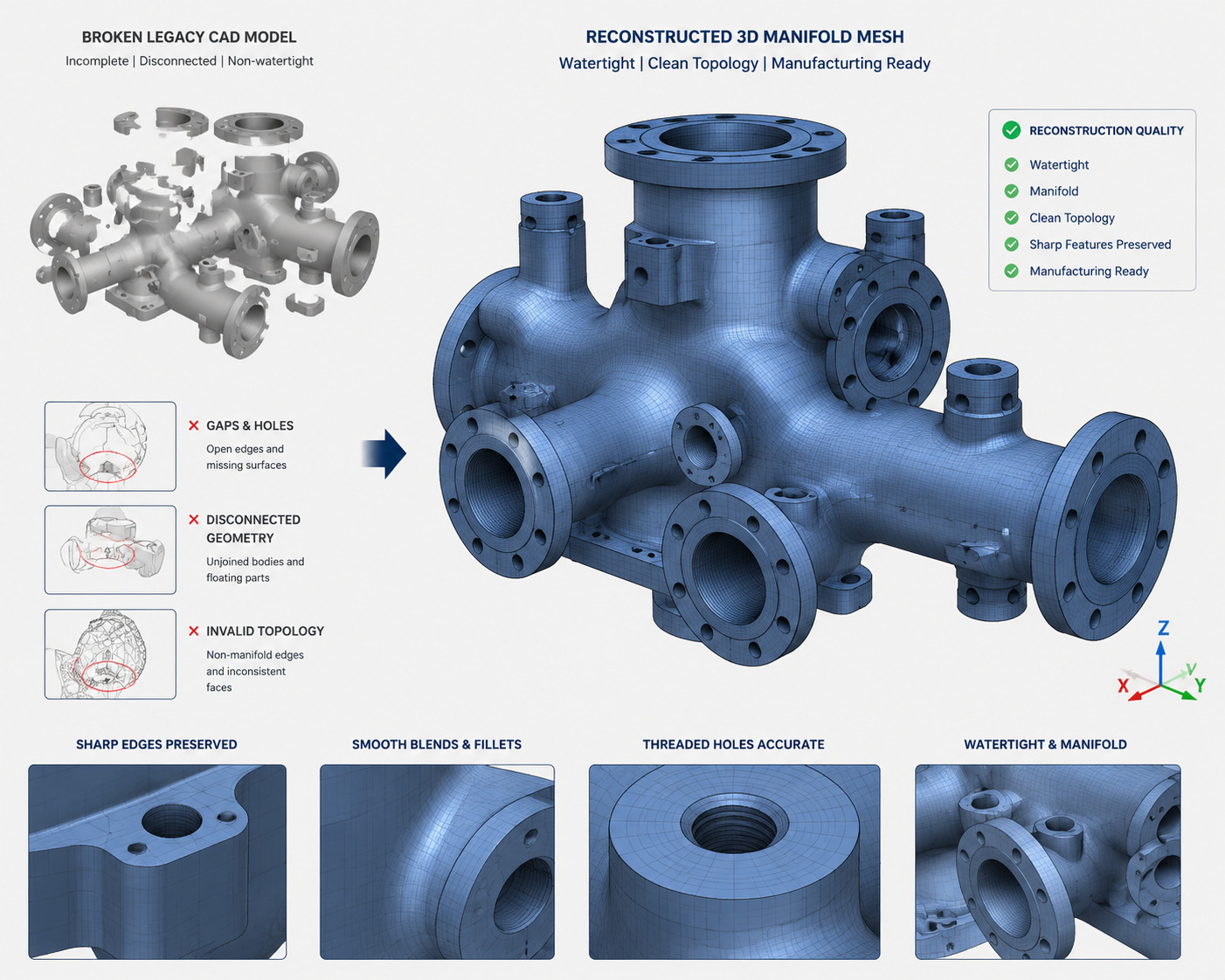 Visual representation of common CAD defects: non-manifold edges, gaps, and self-intersections