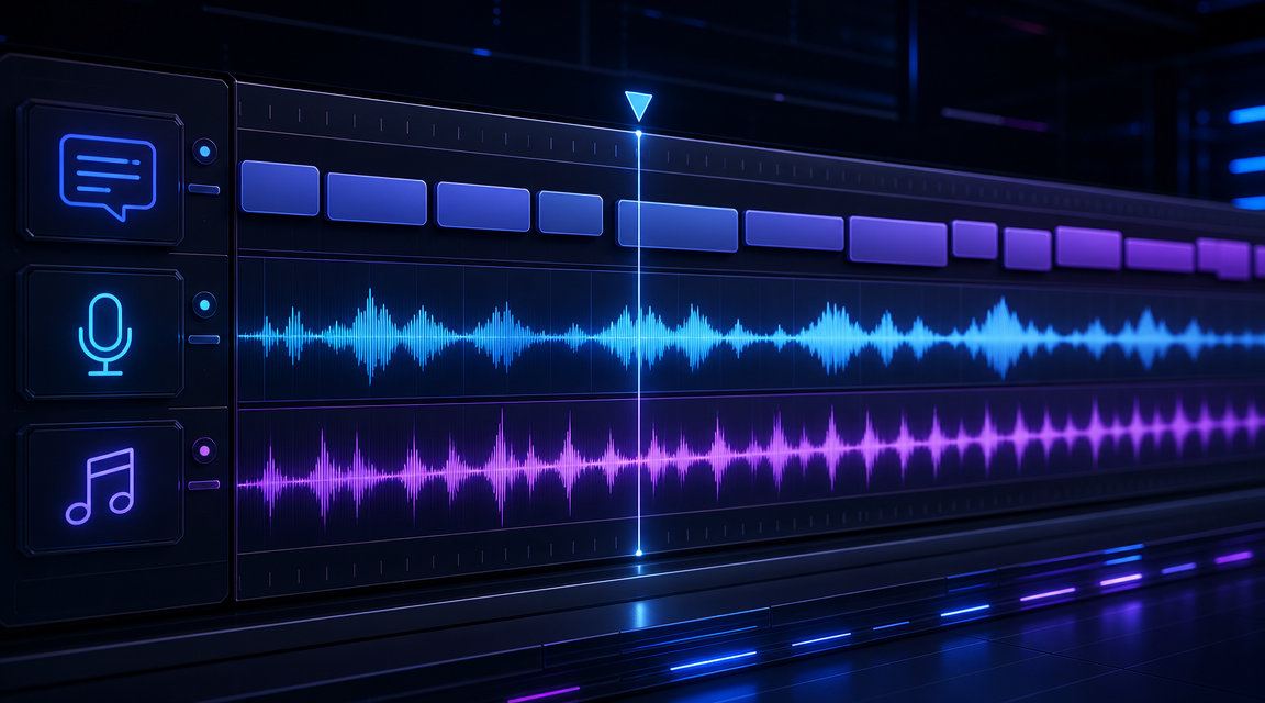 Video editing timeline showing captions track, voiceover waveform, and background music layers