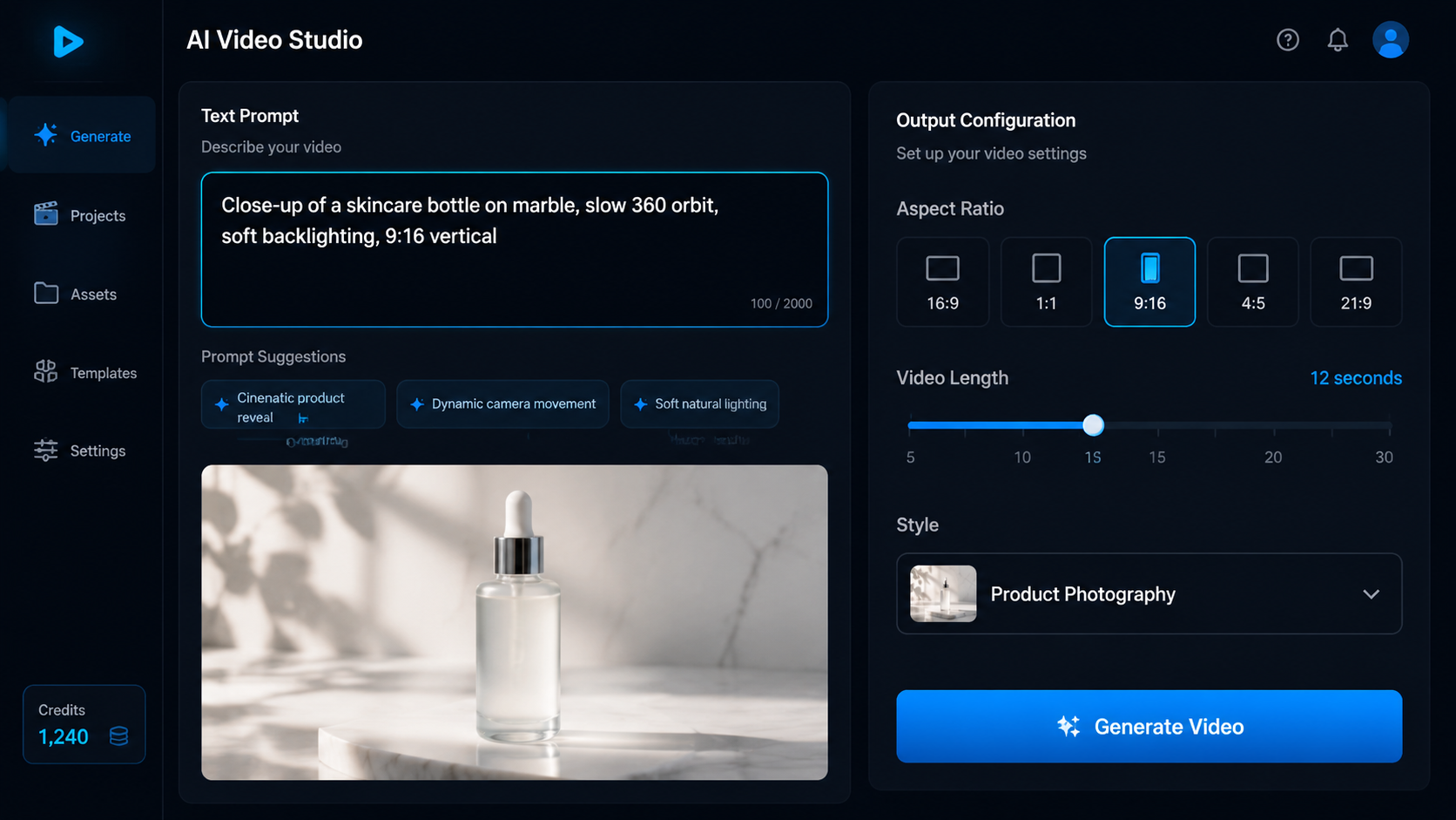 Neural4D text-to-video studio interface showing product video generation from text prompt