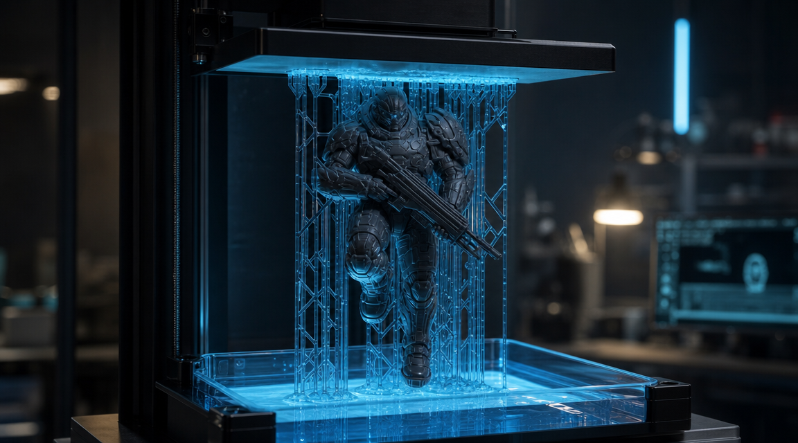 Resin 3D printer build plate showing a dark armored sci-fi figurine mid-print with blue UV light exposure in a technical studio environment