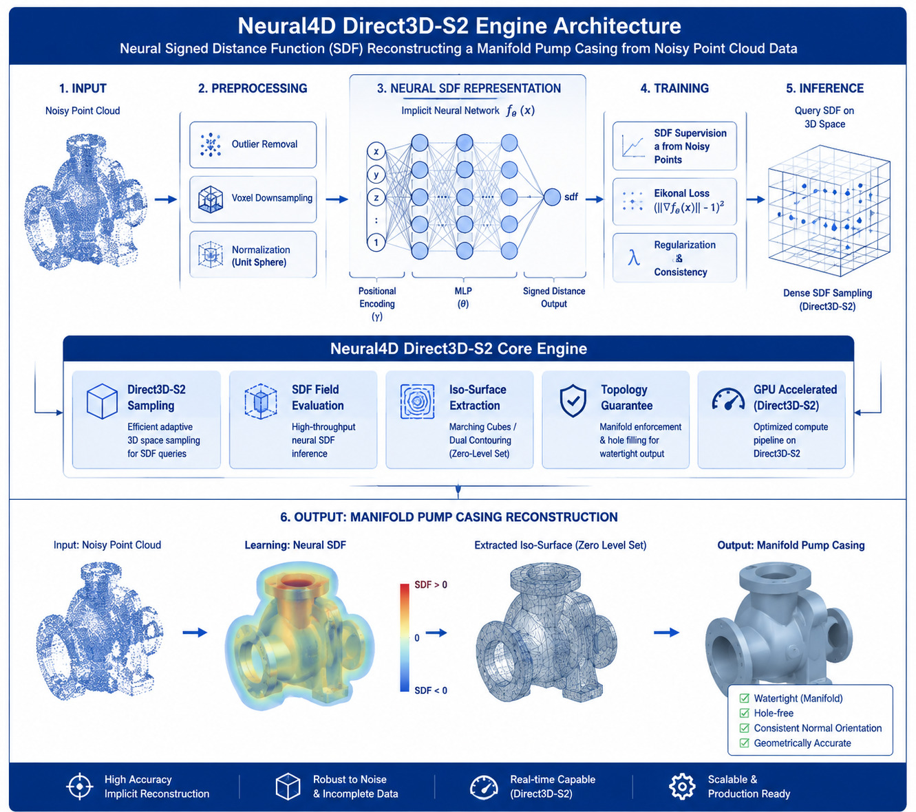 Direct3D-S2 neural reconstruction of an industrial pump showing watertight integrity