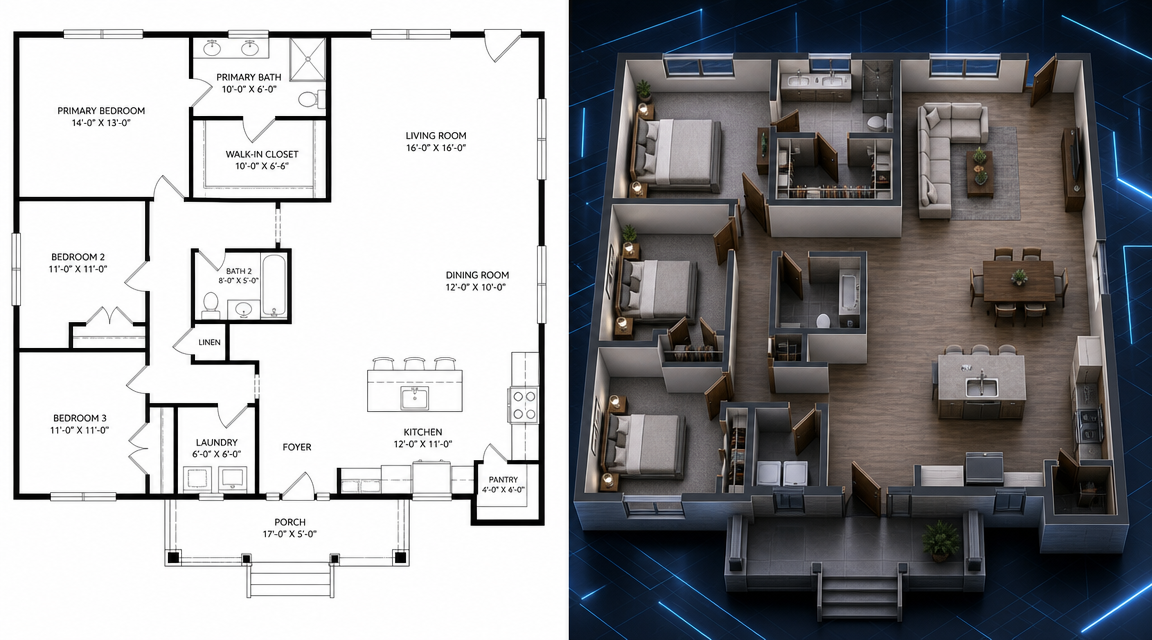 2D floor plan to 3D conversion: a scanned floor plan image beside a watertight 3D architectural model output