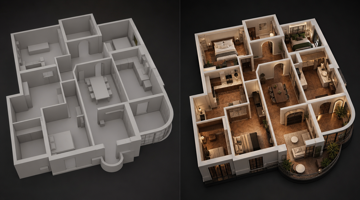 Before and after: a Neural4D 3D architectural floor plan model refined via Neural4D-2.5 natural language editing commands