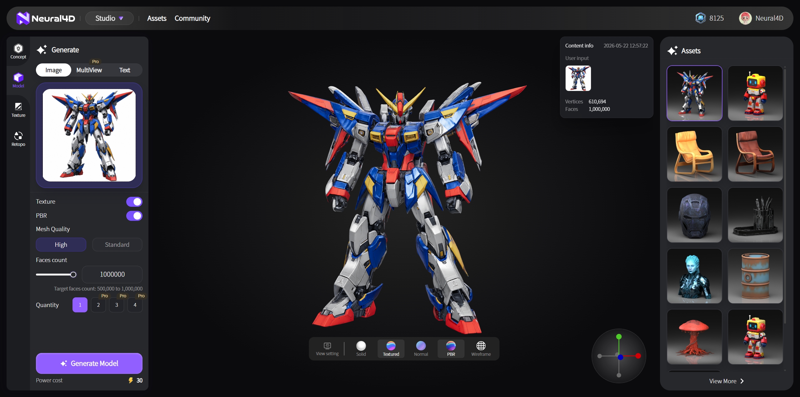 Generating a Gundam 3D model using Neural4D Image to 3D tool