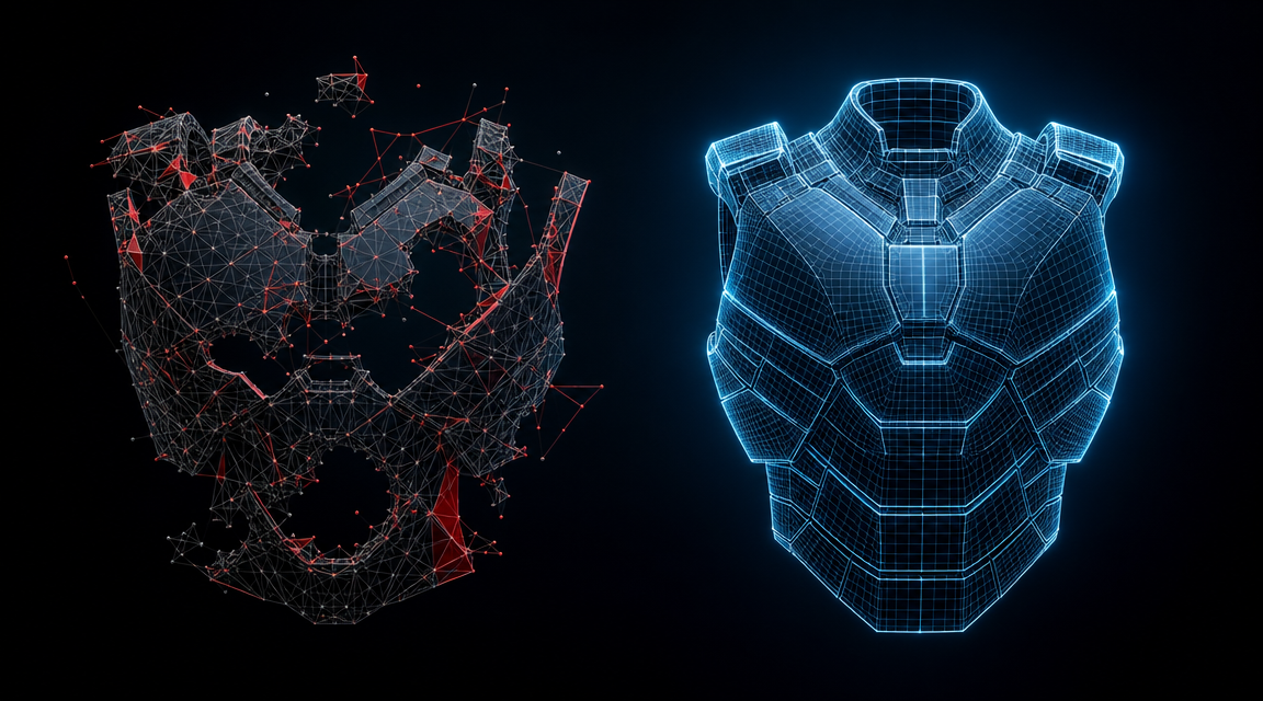 Comparison of broken AI mesh with holes and non-manifold edges versus Neural4D watertight Gundam STL output