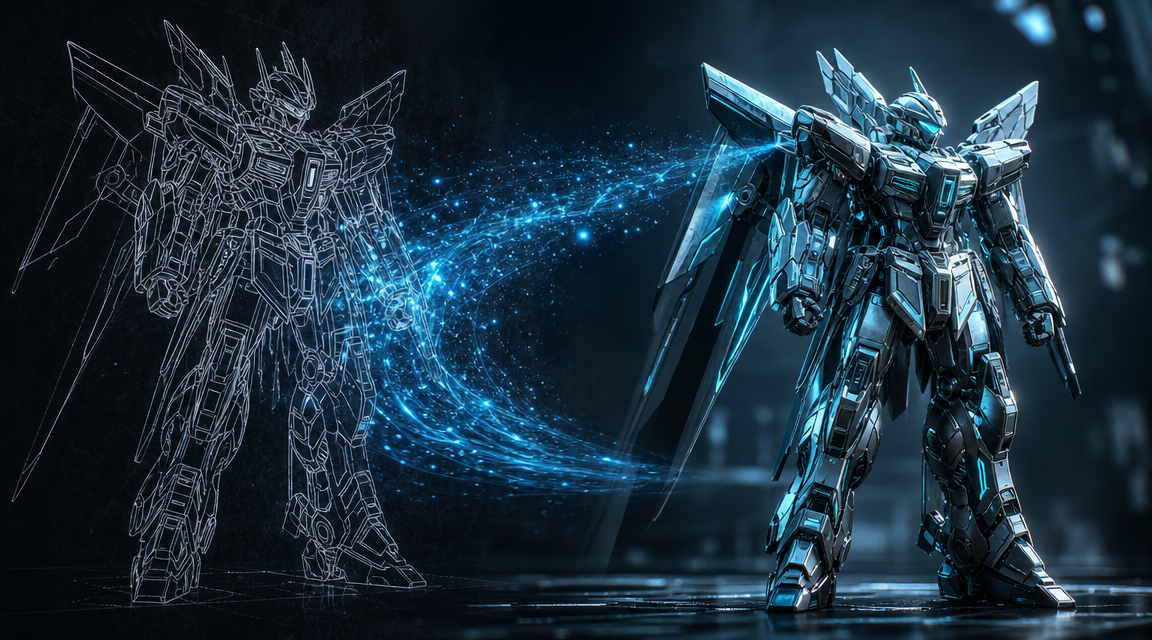 Neural4D Image to 3D interface showing Gundam reference image upload and STL export options