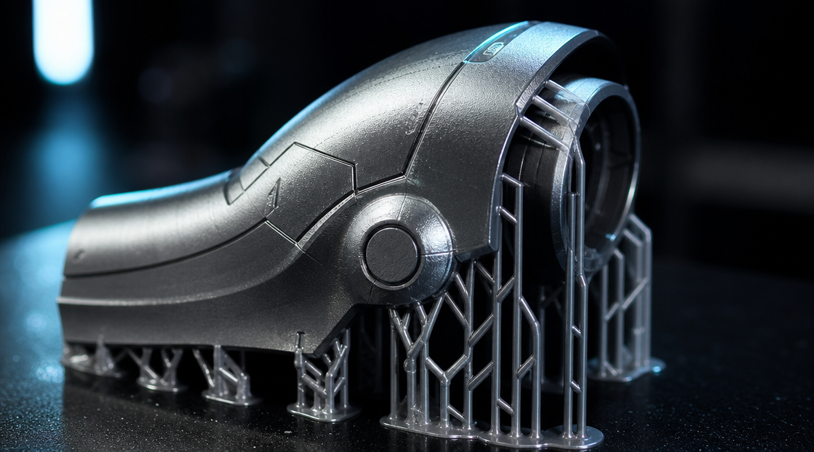Slicer preview showing a Gundam armor piece with tree supports positioned to avoid visible surface scarring
