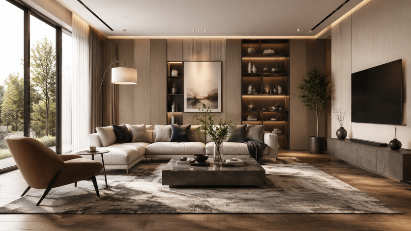 AI-generated photorealistic interior design 3D scene with furniture and lighting