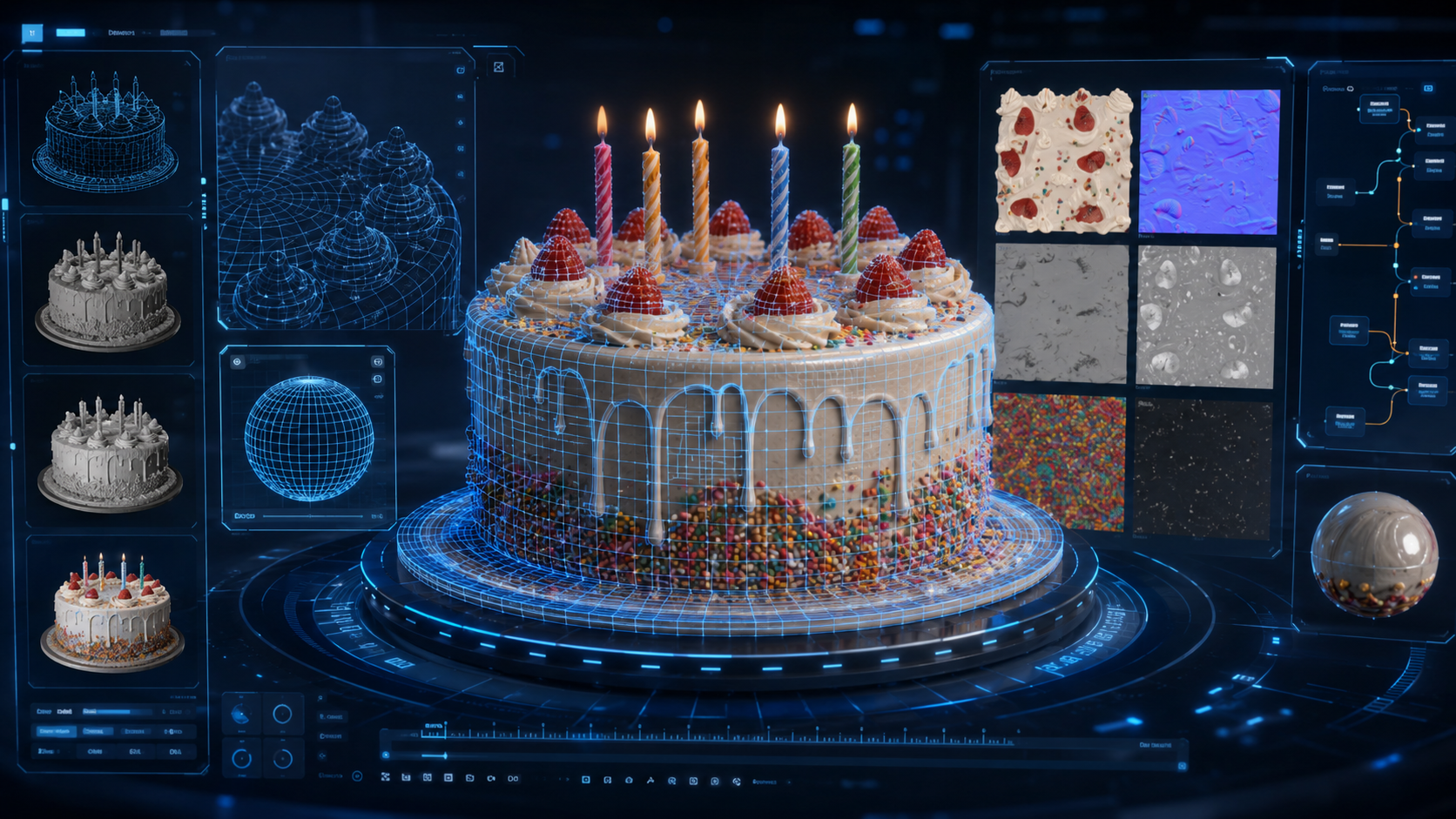 Neural4D Image to 3D studio generating a birthday cake 3D model with PBR textures enabled