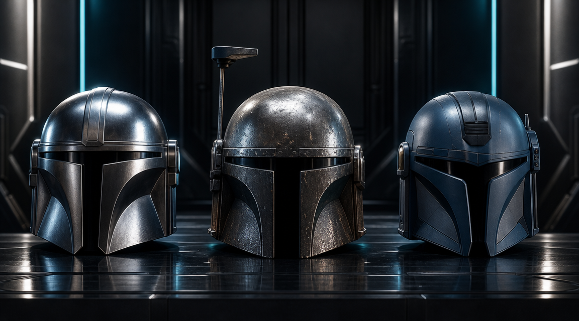 Three Mandalorian helmet variants side by side: Din Djarin T-visor, Boba Fett classic dome, and Bo-Katan Y-visor, showing silhouette and structural differences