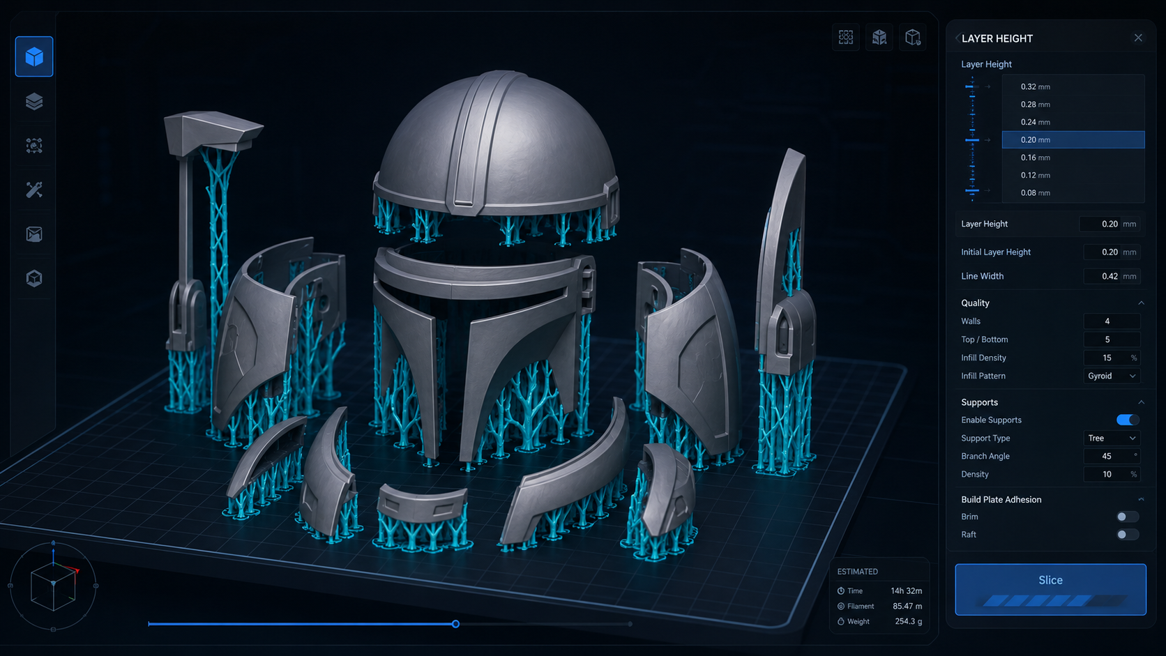 Slicer software view showing a Mandalorian helmet split into parts with tree supports highlighted, layer height settings visible in panel, dark studio environment