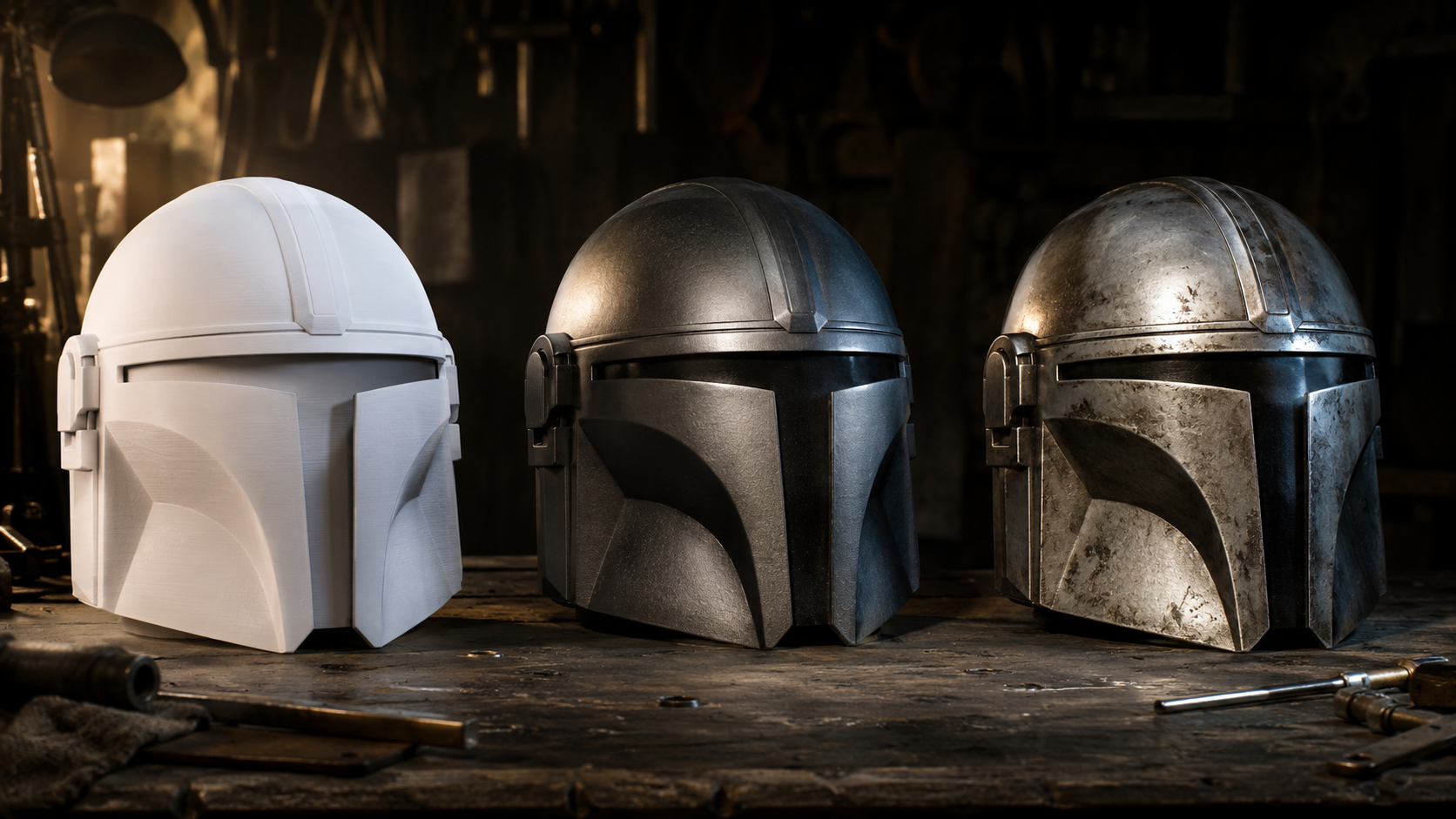 Mandalorian helmet post-processing stages: primed white model on left, dark metallic base coat in middle, final weathered Beskar finish on right, dark studio background with dramatic lighting