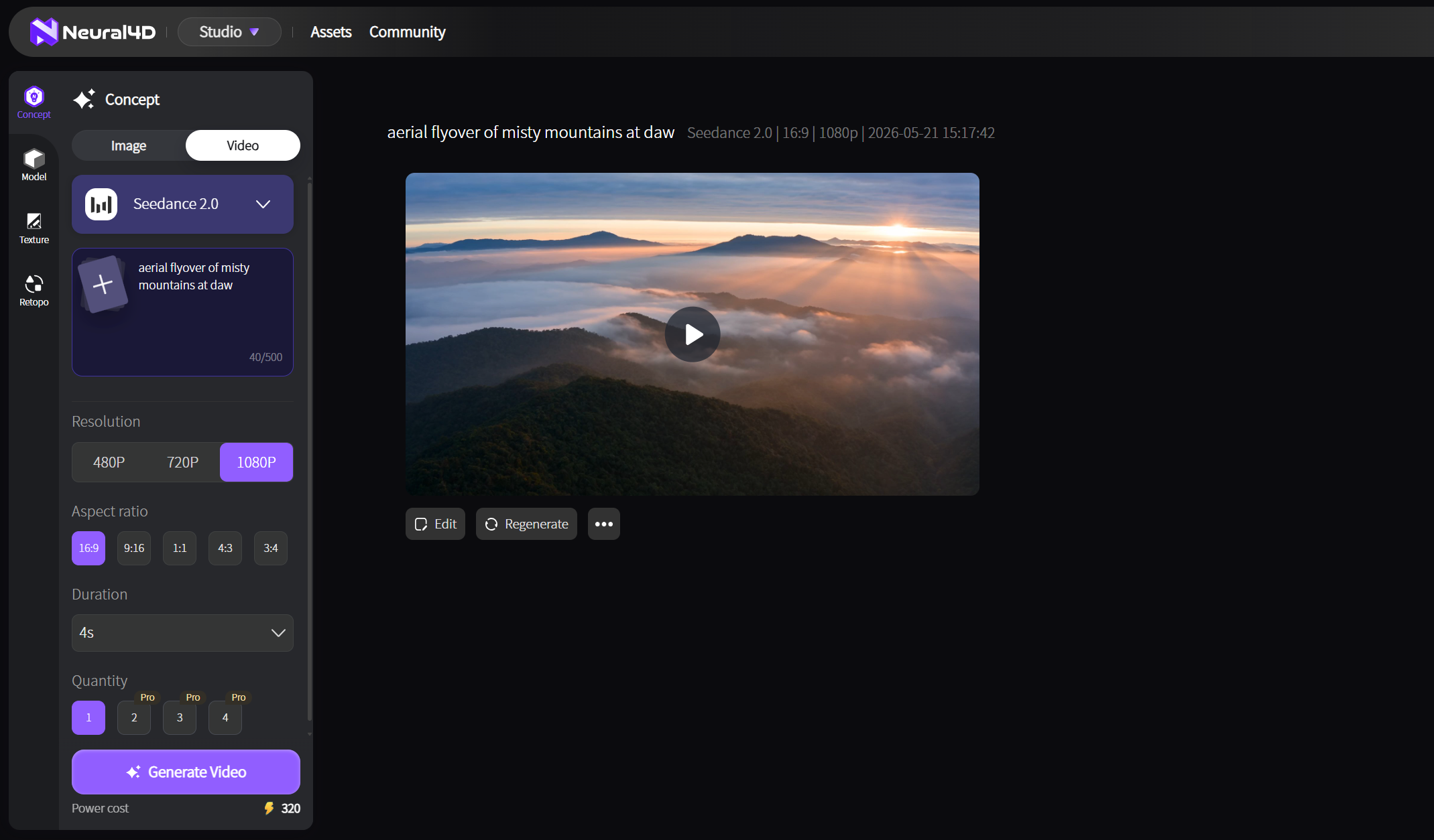 Neural4D generate interface with prompt entered and resolution, aspect ratio, and duration settings visible