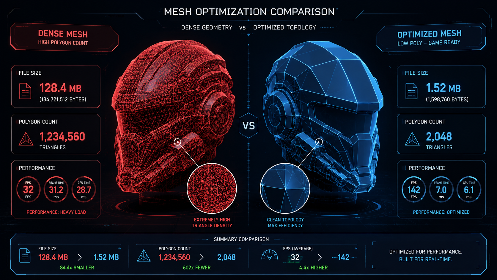 Side-by-side comparison of unoptimized 3D model at 26MB vs optimized GLB at 560KB showing WebGL performance difference