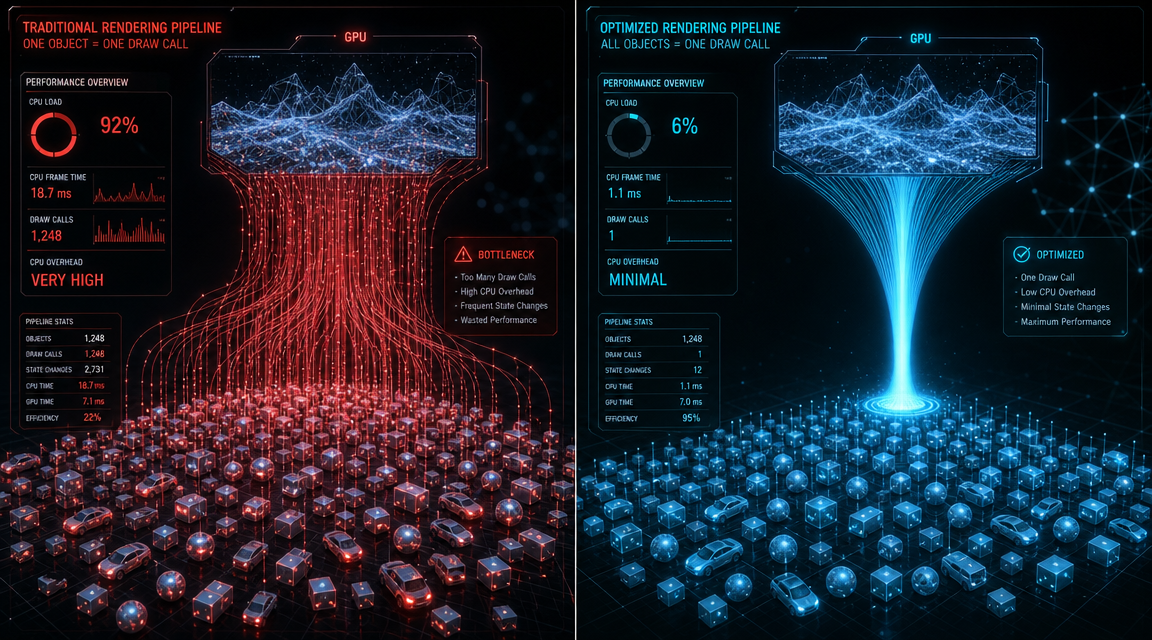 WebGL draw call instancing comparison: 1000 individual draw calls vs single GPU instanced draw call
