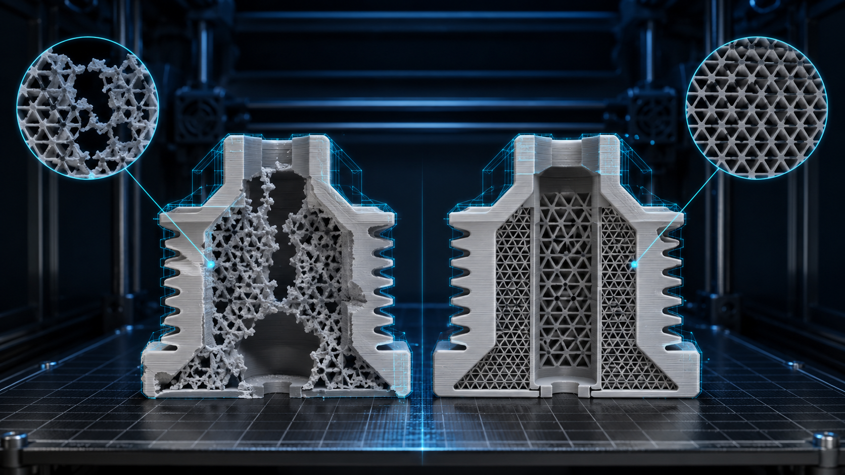 Cross-section comparison of a failed 3D print with broken mesh geometry versus a successful print with watertight manifold structure