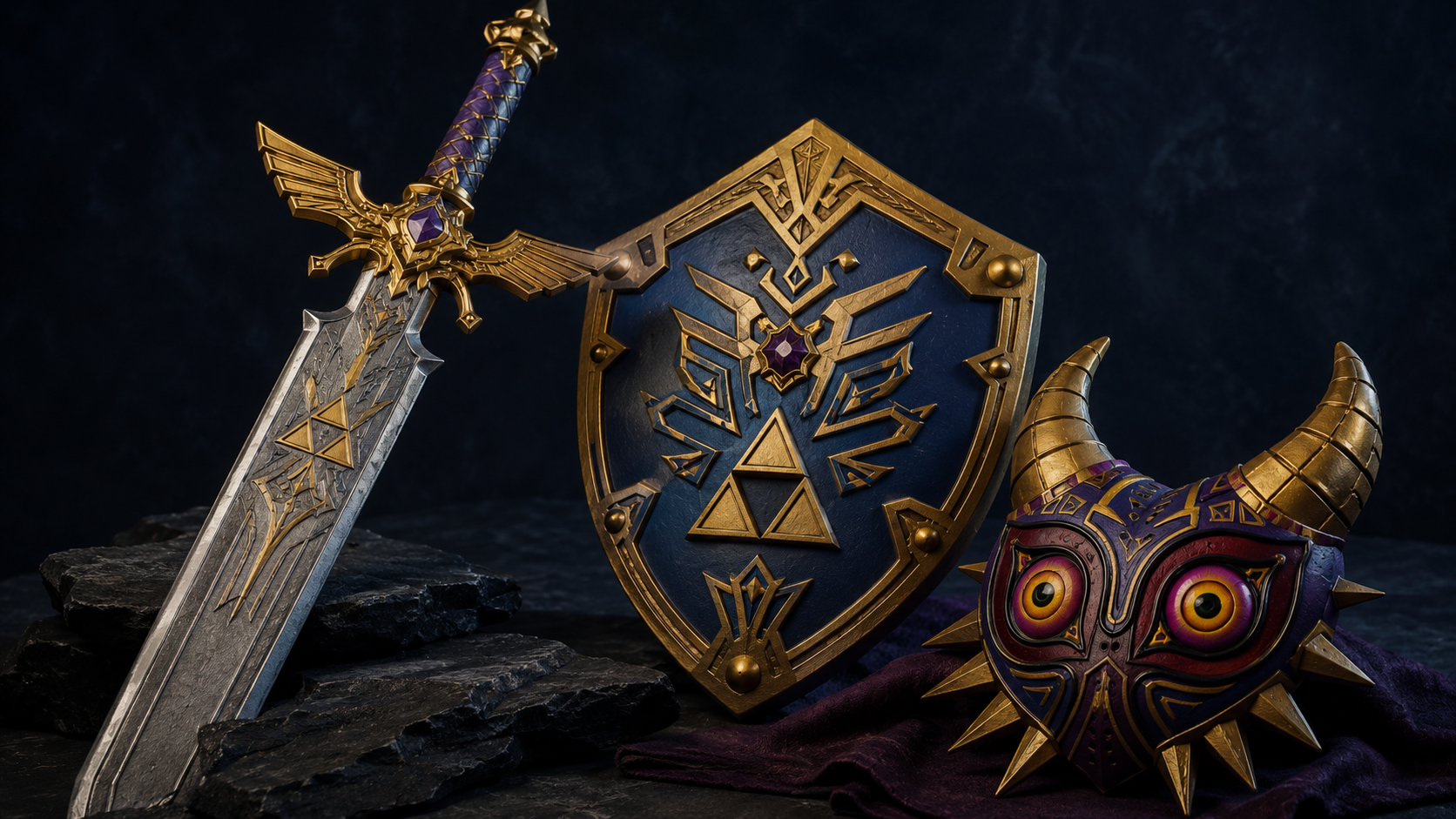 3D printed Zelda props including fantasy sword, shield and mask arranged with dramatic lighting