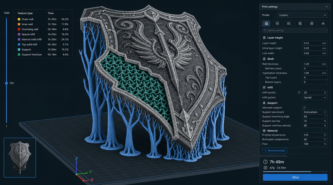 Hylian Shield 3D print slicer view showing optimal tree support structure and layer height settings for a clean Zelda 3D print