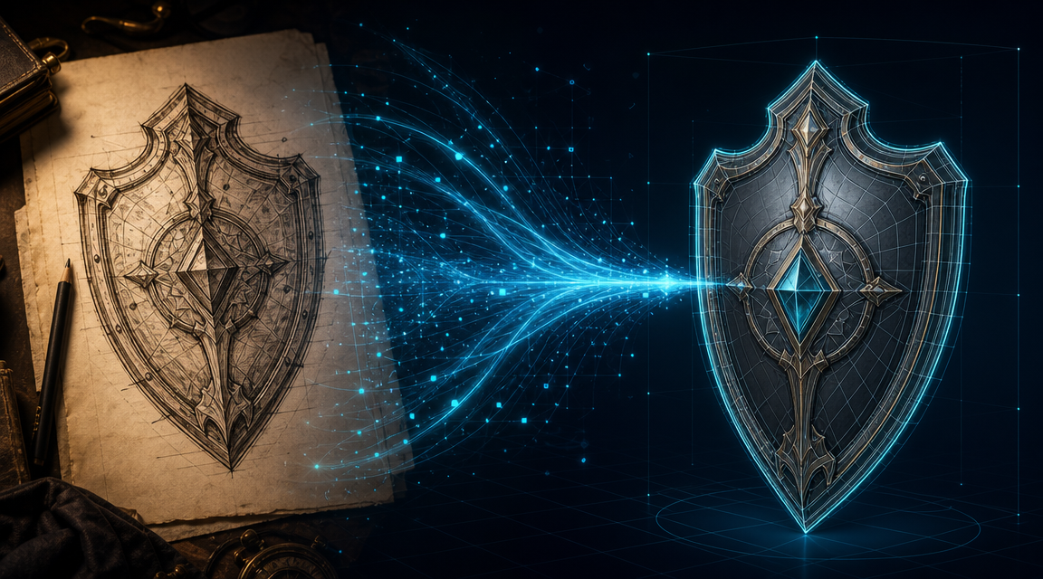 Neural4D Image to 3D workflow converting a Zelda-inspired fantasy shield concept sketch into a printable 3D mesh