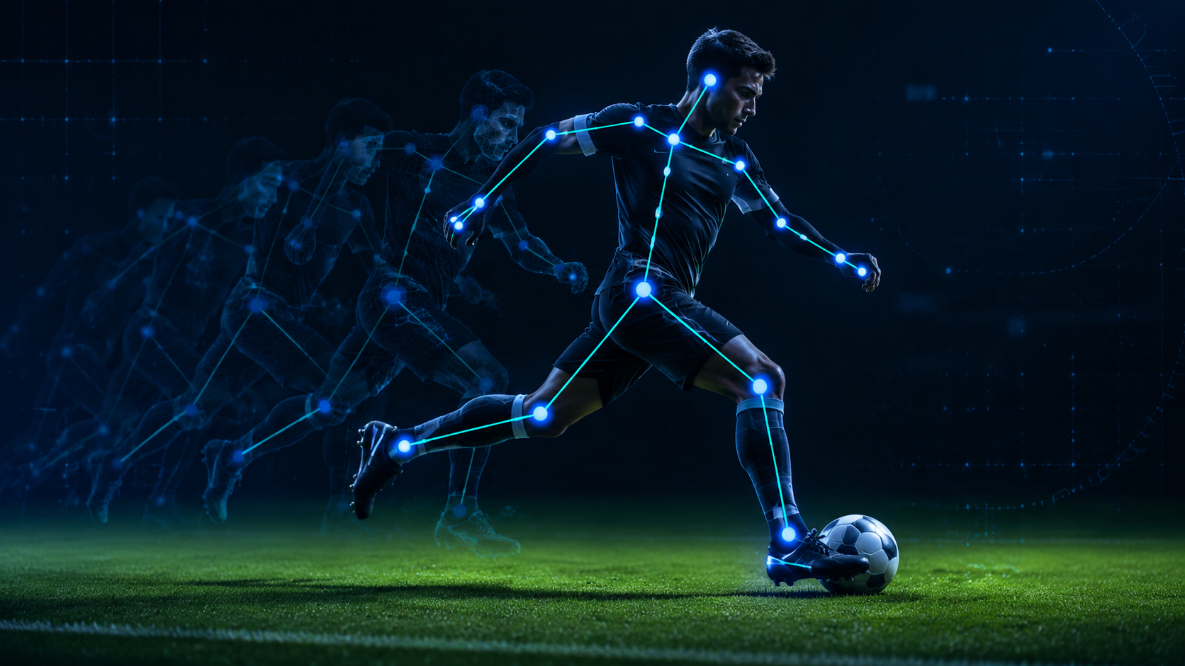 Real-time 3D skeletal tracking overlay on soccer players during a World Cup match with 29 node visualization
