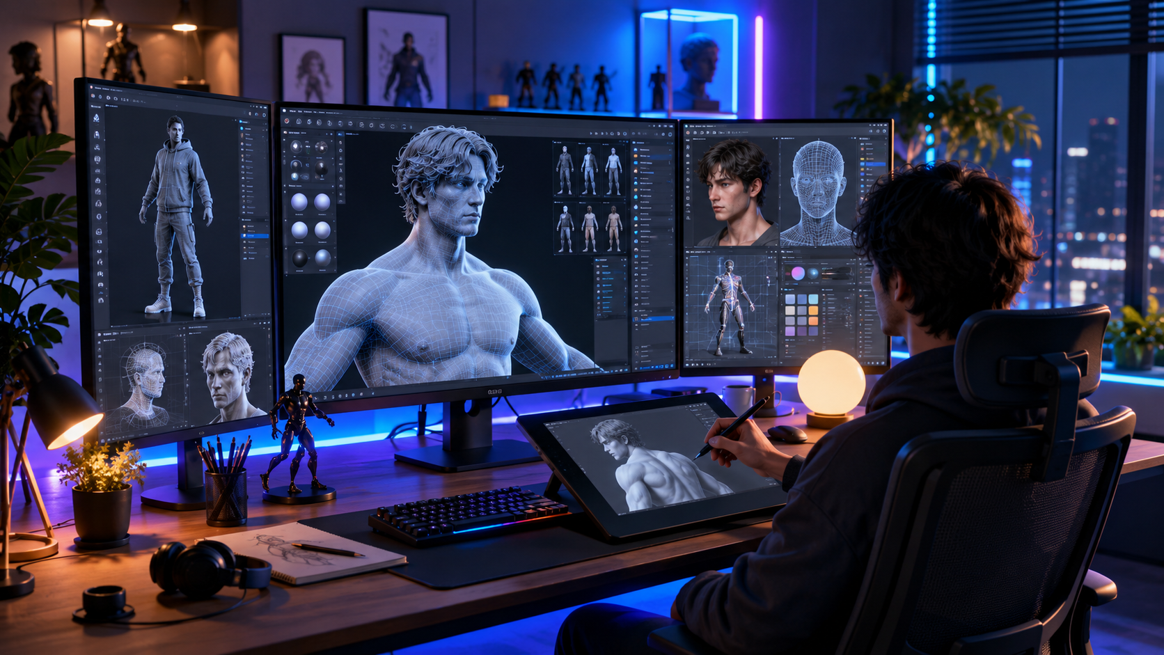 3D creator workstation showing real-time digital human pipeline with AI generated 3D models